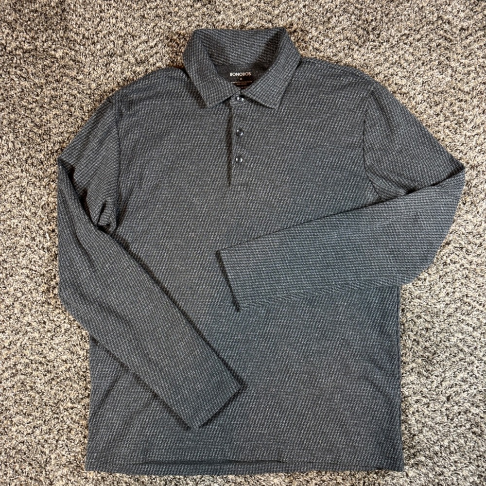 Bonobos Mens Medium Long Sleeve Polo Shirt Gray Textured Knit Cotton Blend
